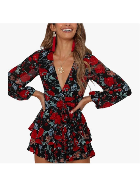 none Pants - Relipop Womens Floral Print Romper V Neck Long Sleeve Double Layer Ruffle Hem Sh